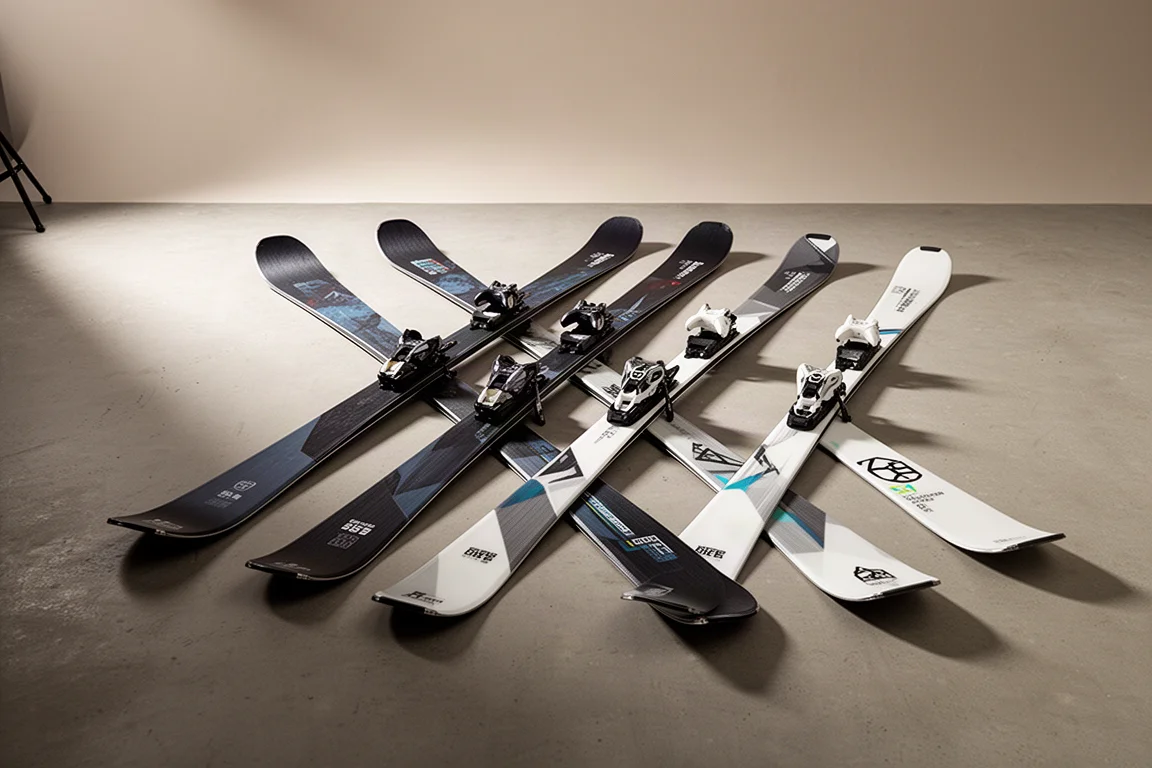 Six alpine skis of varying widths fanned out on a concrete studio floor