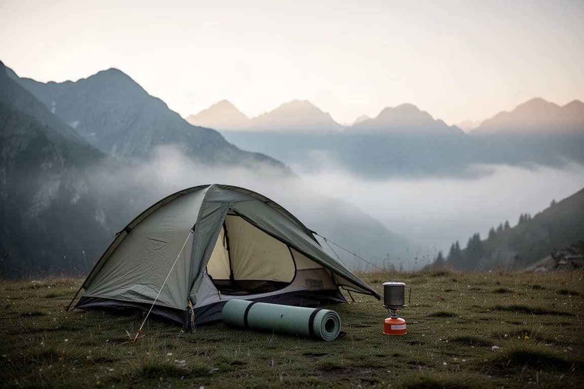 Alpine campsite at dawn with a pitched tent and gear arranged on grass
