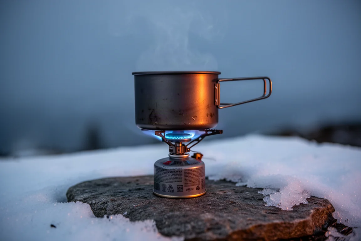 Canister stove burning with a blue flame under a pot beside snow at dusk
