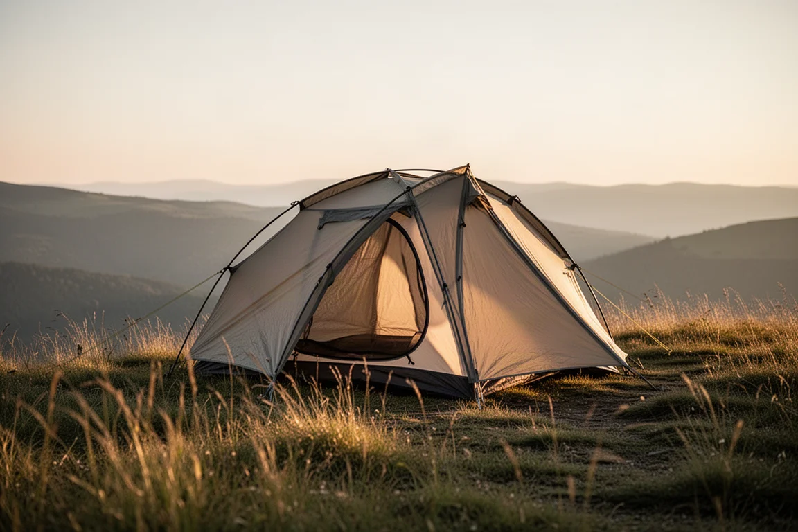 Lightweight two-person tent pitched on a ridge at golden hour