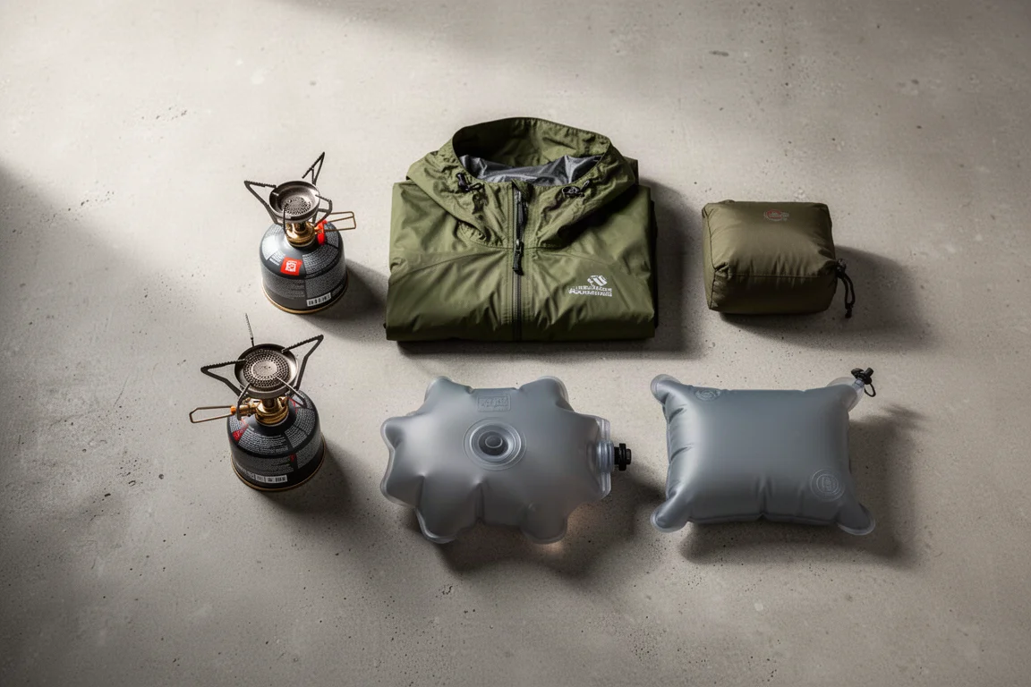 Flat-lay of backpacking essentials on concrete including stove, jacket, and water bag