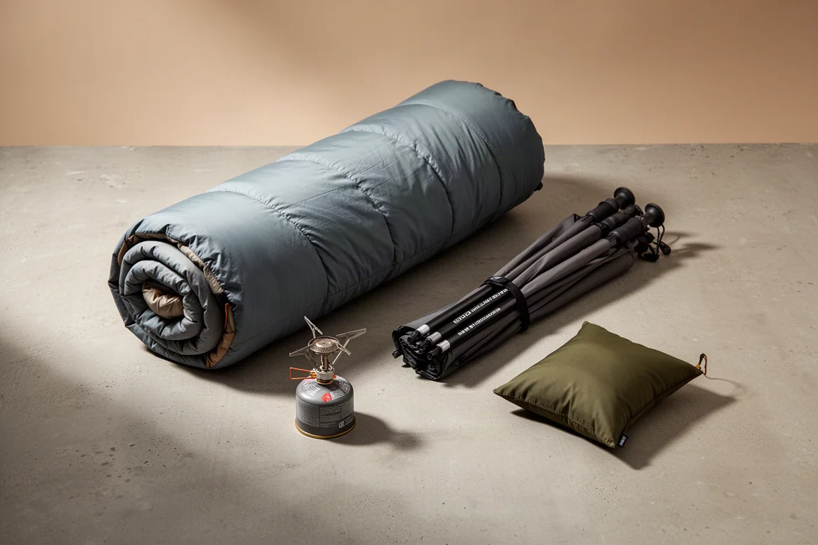 Backpacking gear including sleeping bag, stove, pillow, and shelter arranged on concrete