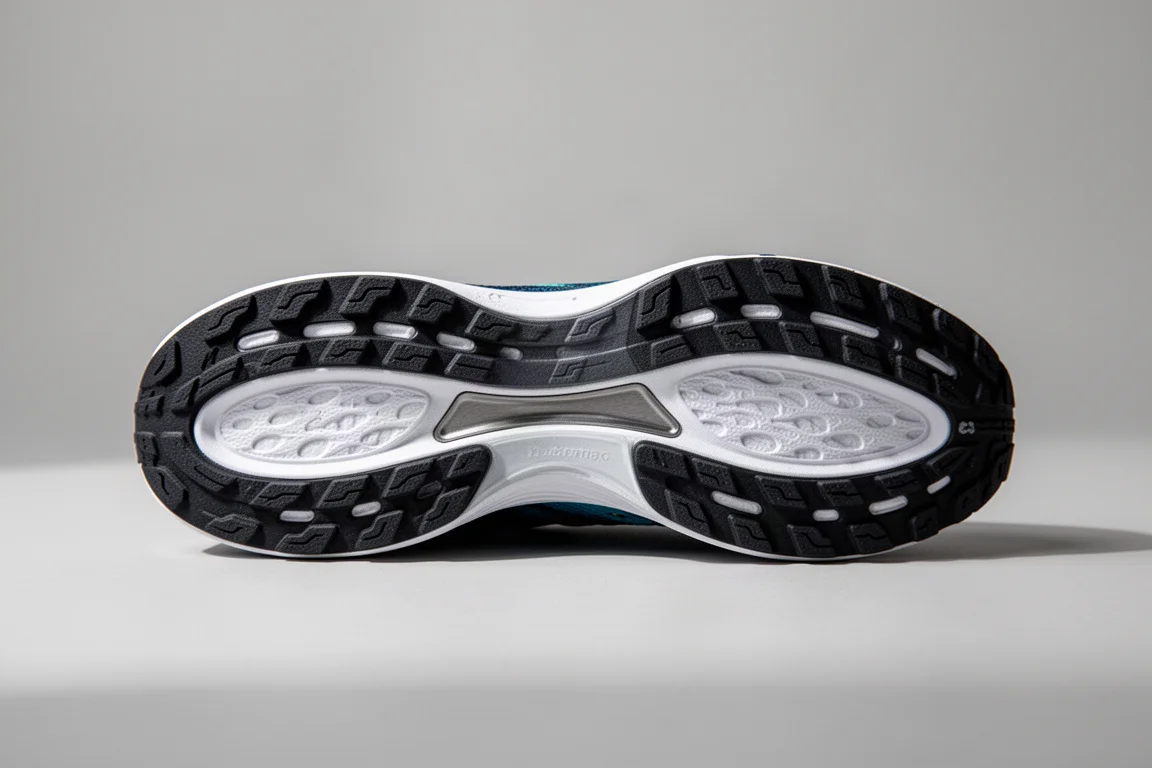 Un cammina comodamente su un viale lastricato con scarpe da running morbidamente ammortizzate