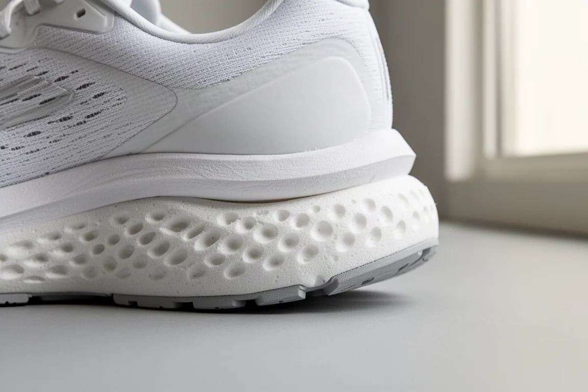 Primer plano de la espuma gruesa del midsole blanco comprimiéndose bajo la presión del pie
