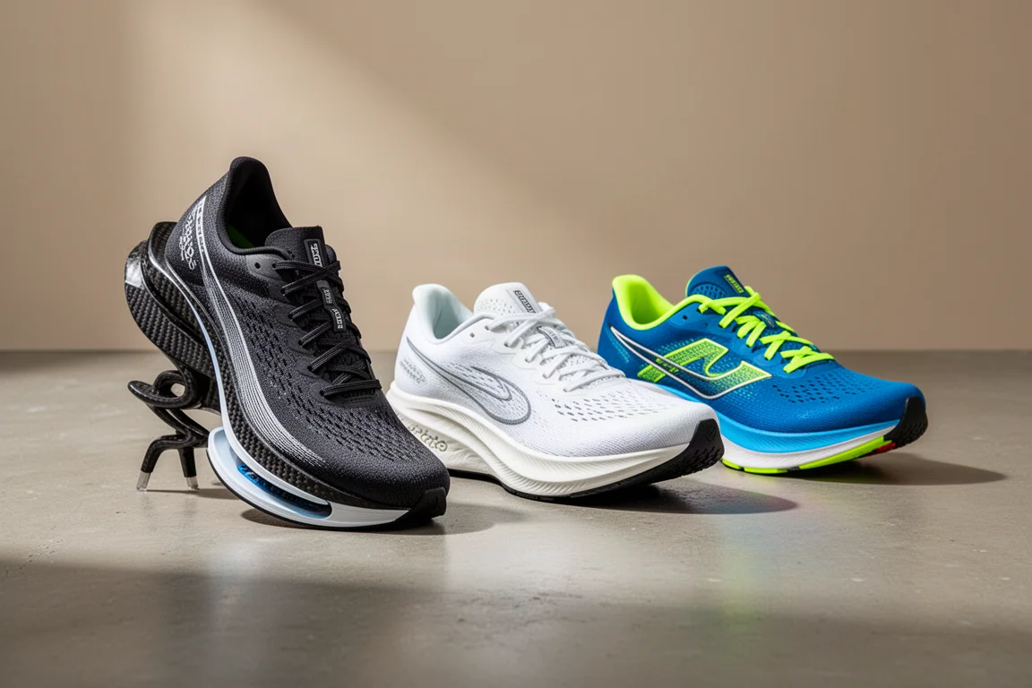 Row of modern running shoes including a high-stack racer and cushioned trainers on concrete
