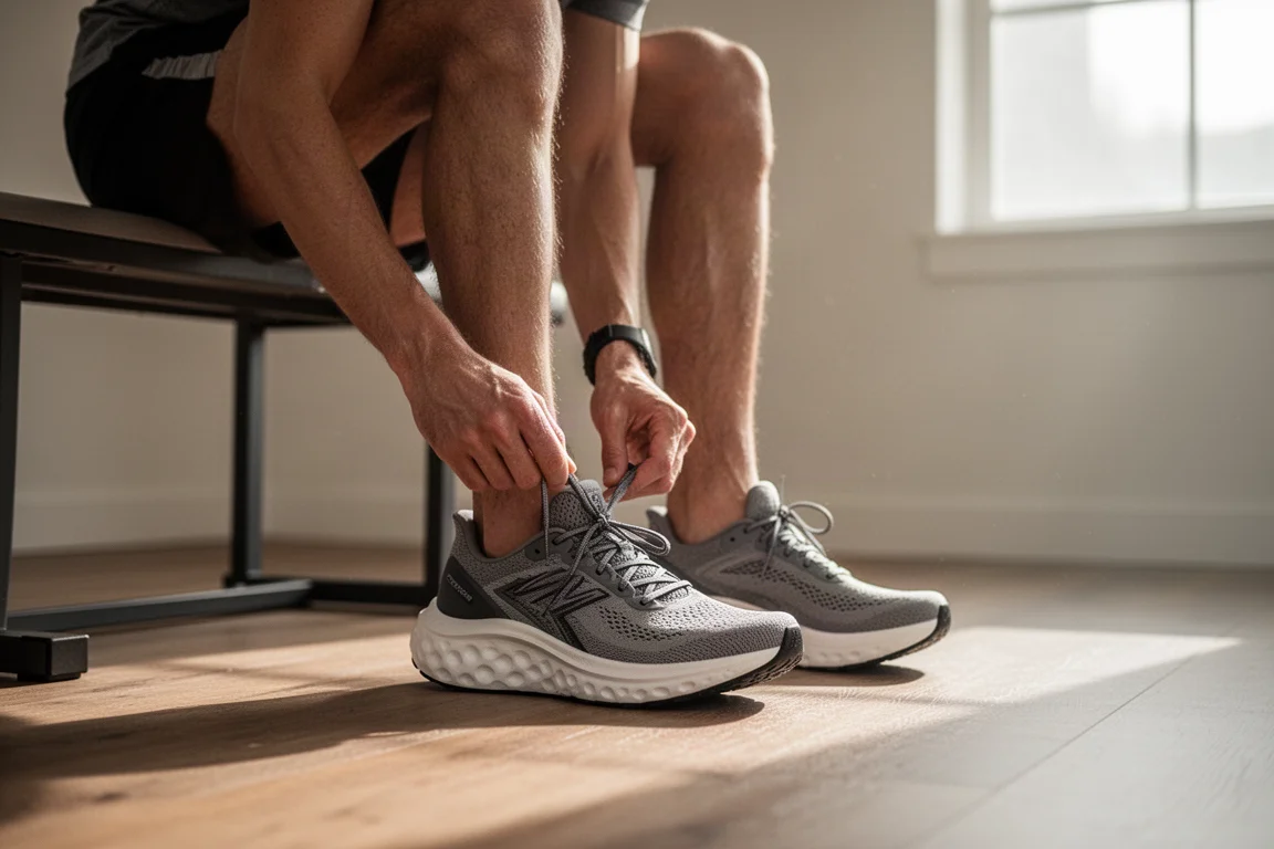 Un corridore allaccia una scarpa da running ammortizzata dallo stack alto all'alba