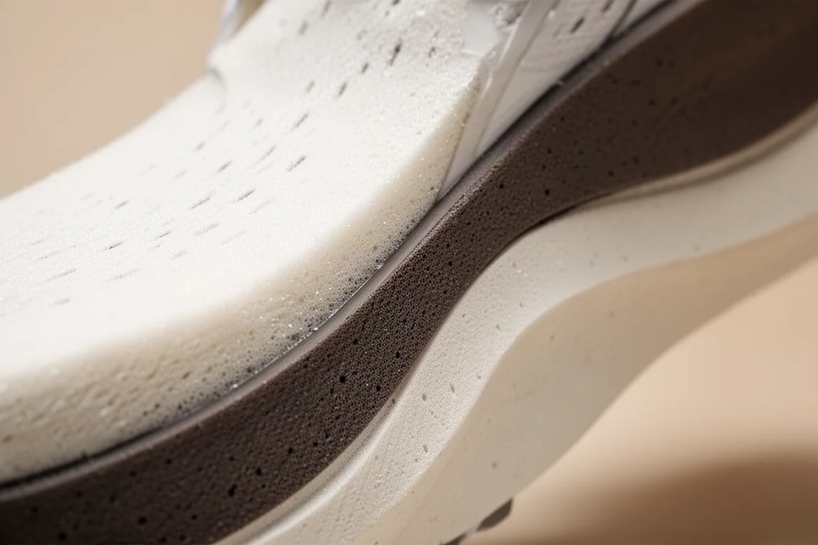 Primo piano di una intersuola in doppia schiuma a strati di una scarpa da running