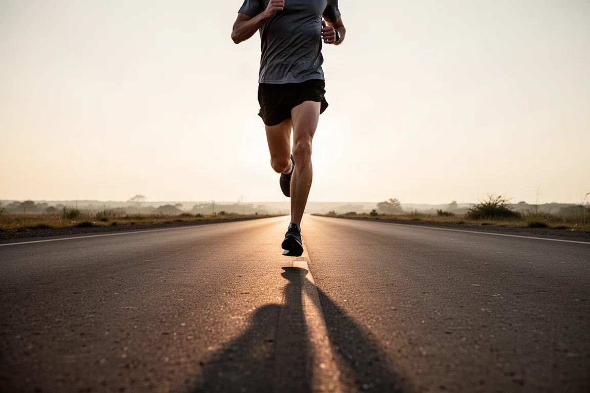 Corridore su una strada piatta all'alba con scarpe da gara