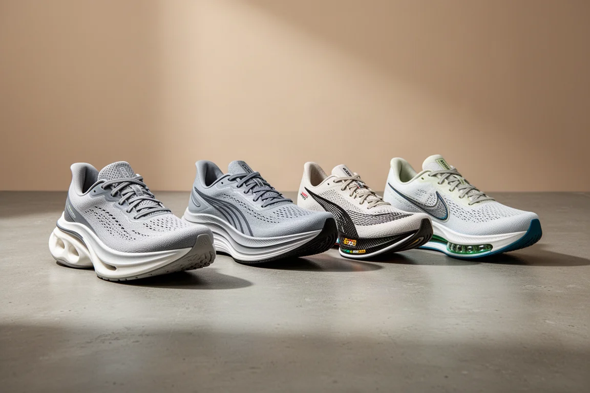 Four modern running shoes arranged in a row on a concrete surface