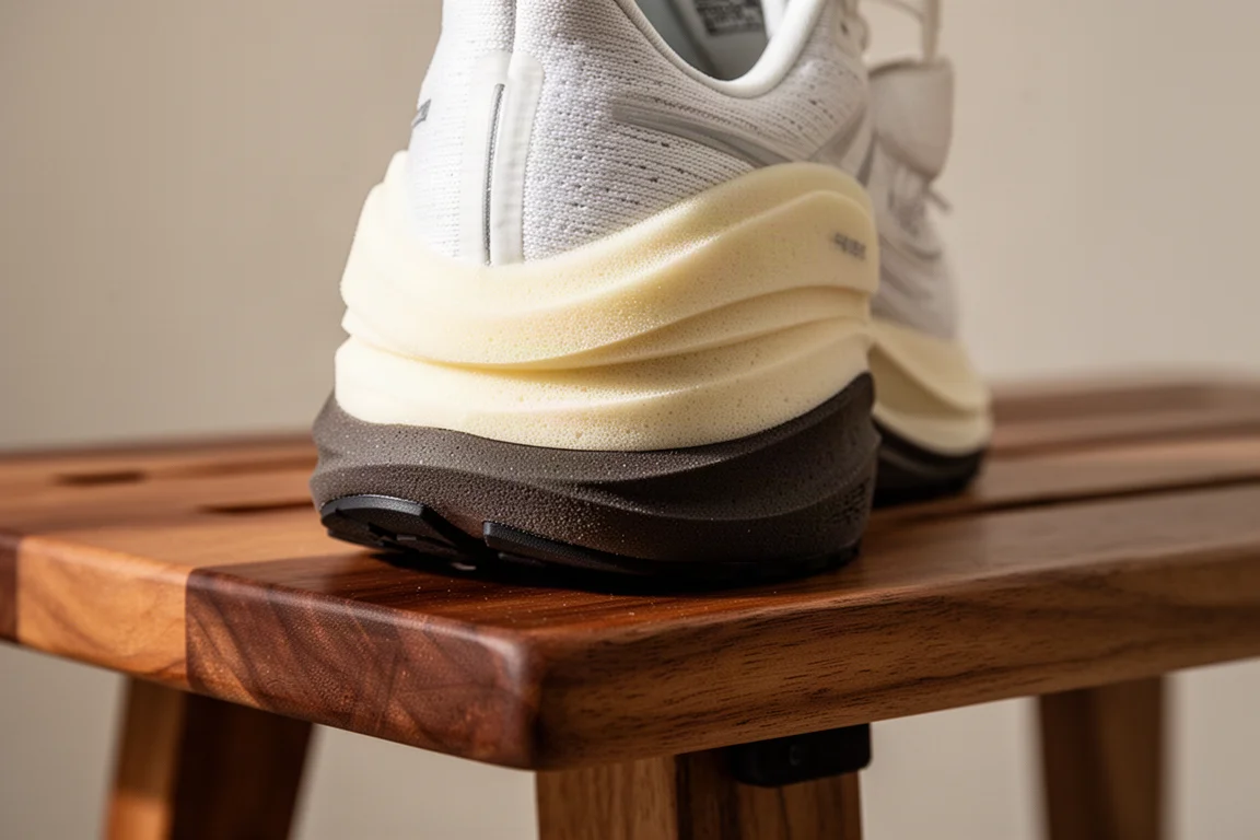 Close-up van een hoge dubbele-foam hardloopschoenzool op een houten bank