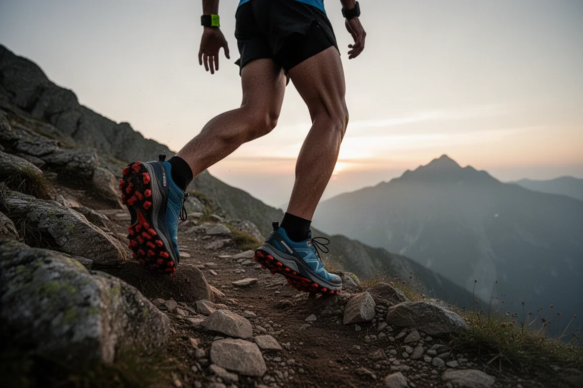 Trailrunner beklimt een rotsachtig bergpad in de schemering