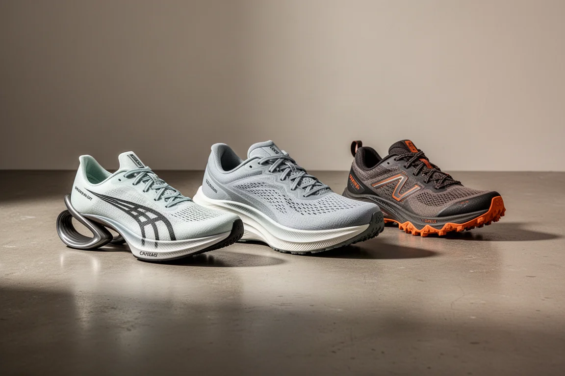 Collection of running shoes including racers, daily trainers and trail shoes on concrete floor