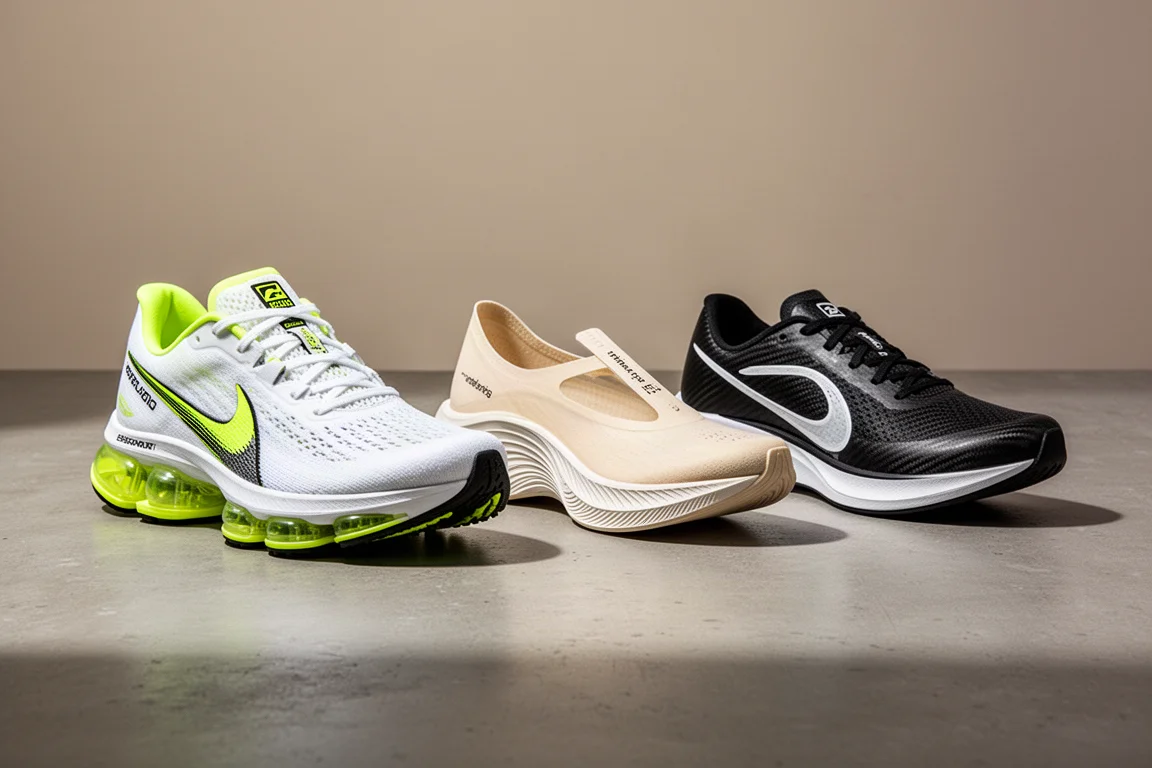 Three performance running shoes arranged in a row on a concrete surface