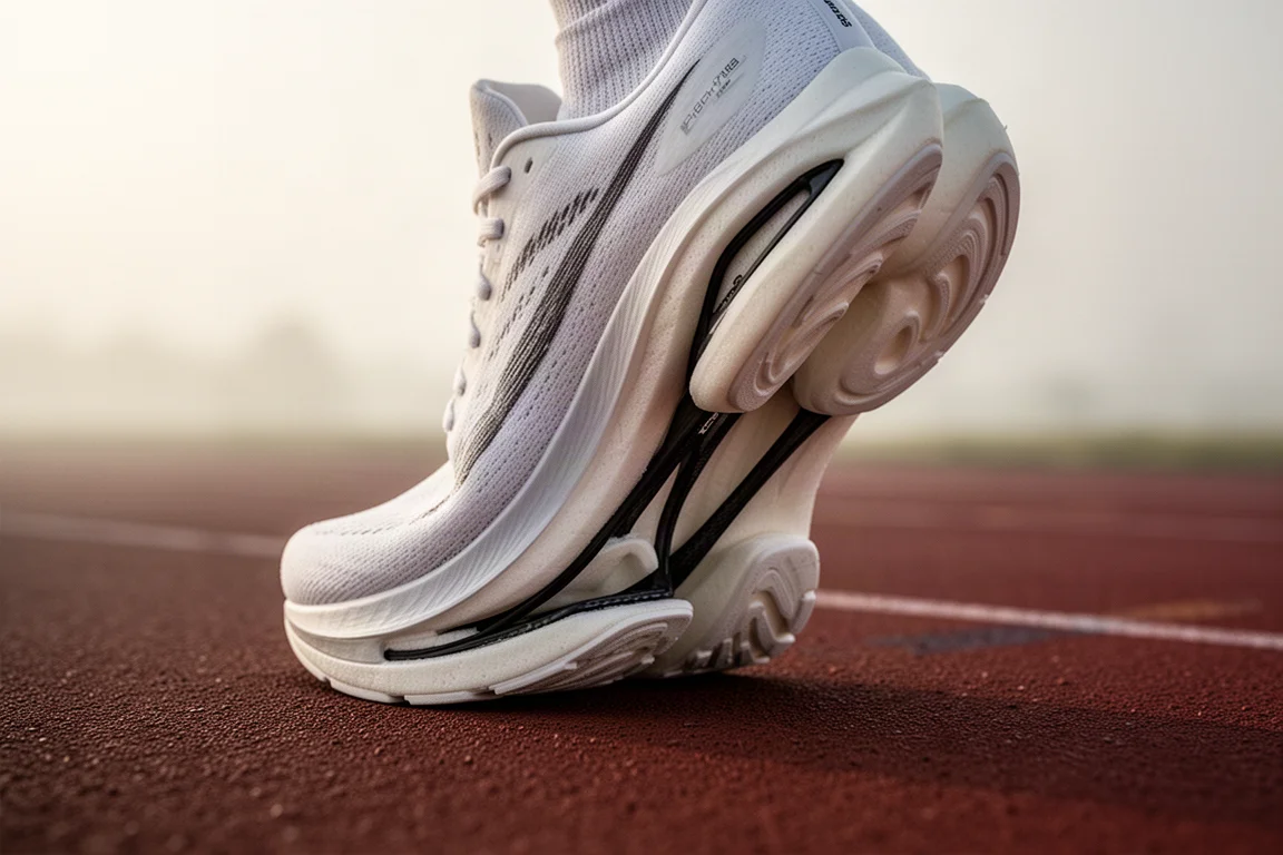 Gros plan sur la semelle intermédiaire surélevée d'une chaussure de running posée sur une piste