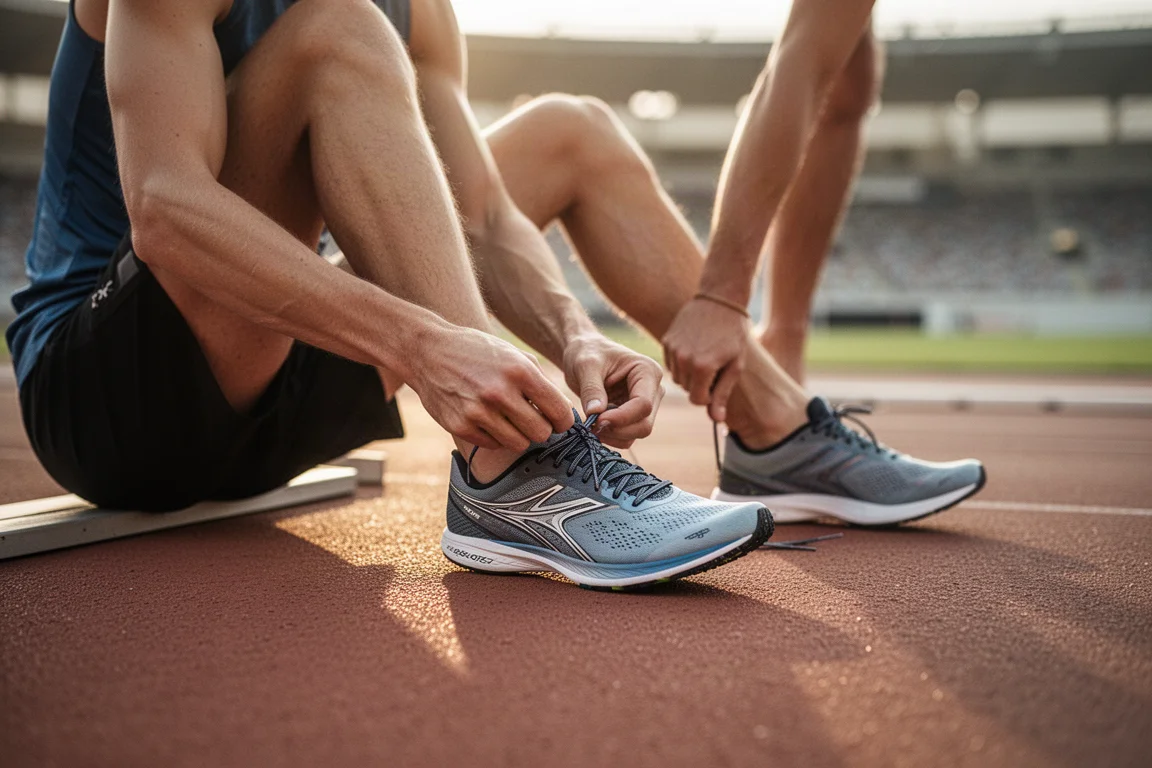 Un coureur lacçant une chaussure de course légère sur une piste avant l'entraînement
