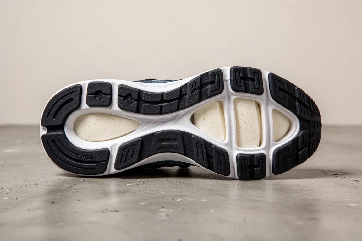 Semelle extérieure d'une chaussure de running laissant apparaître la mousse par des découpes