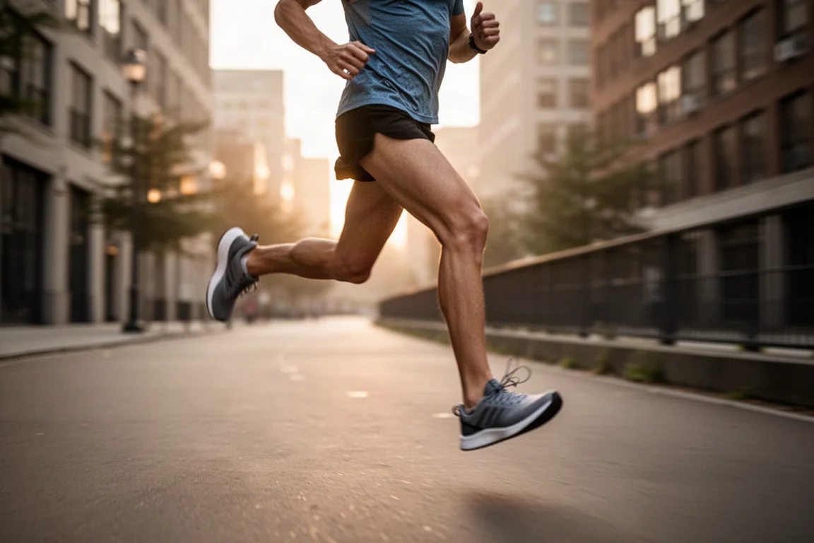 Un coureur en mouvement sur un chemin urbain à l'aube avec des chaussures d'entraînement