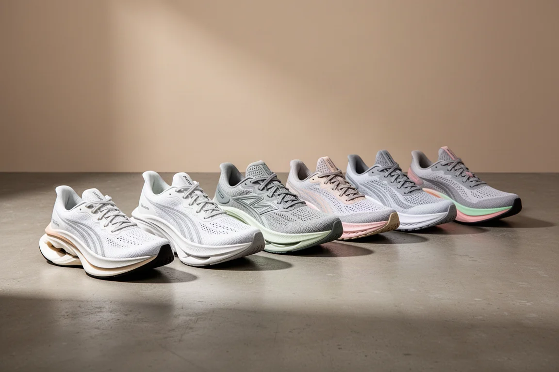Row of nine modern running shoes with varied midsole designs on a concrete floor
