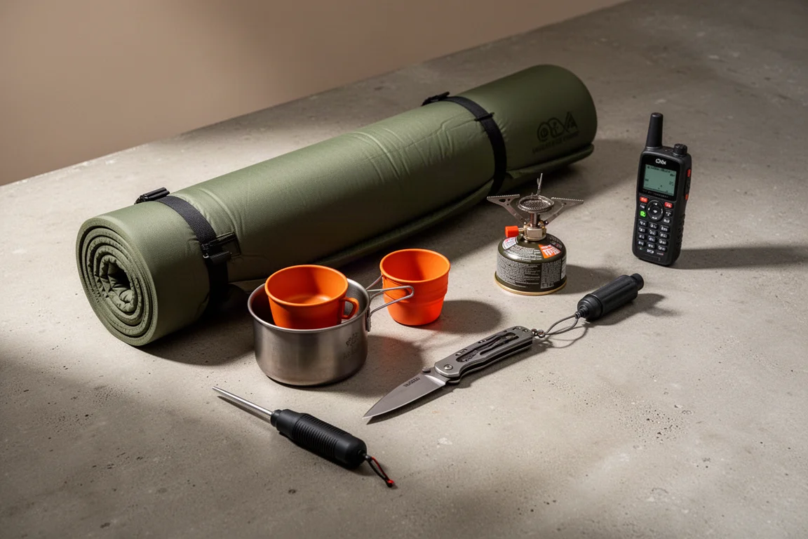 Backpacking gear arranged on a concrete surface for an editorial roundup
