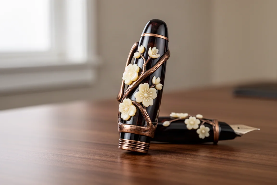 Füllfederhalter mit Kirschblüten-Motiv auf dem Deckel, mit skulptiertem Bronze-Rollstopper auf einem Holzschreibtisch