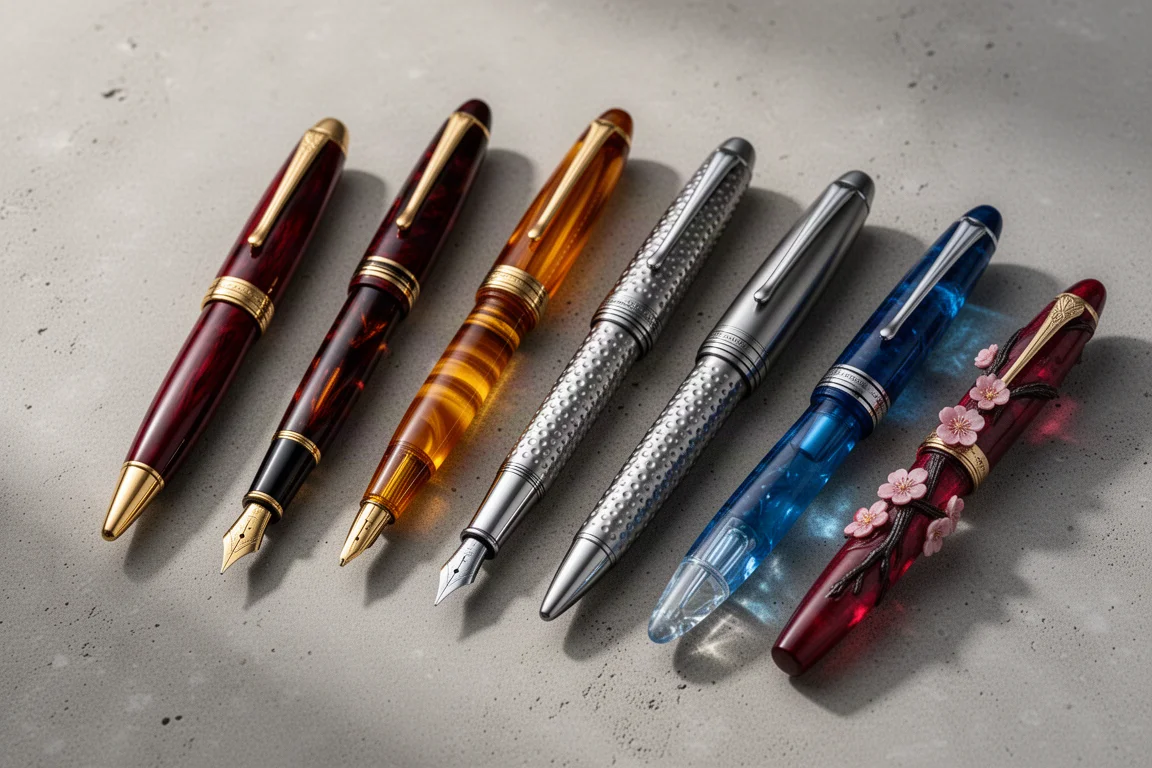 Arrangement of ten luxury fountain pens in varied materials on a concrete surface