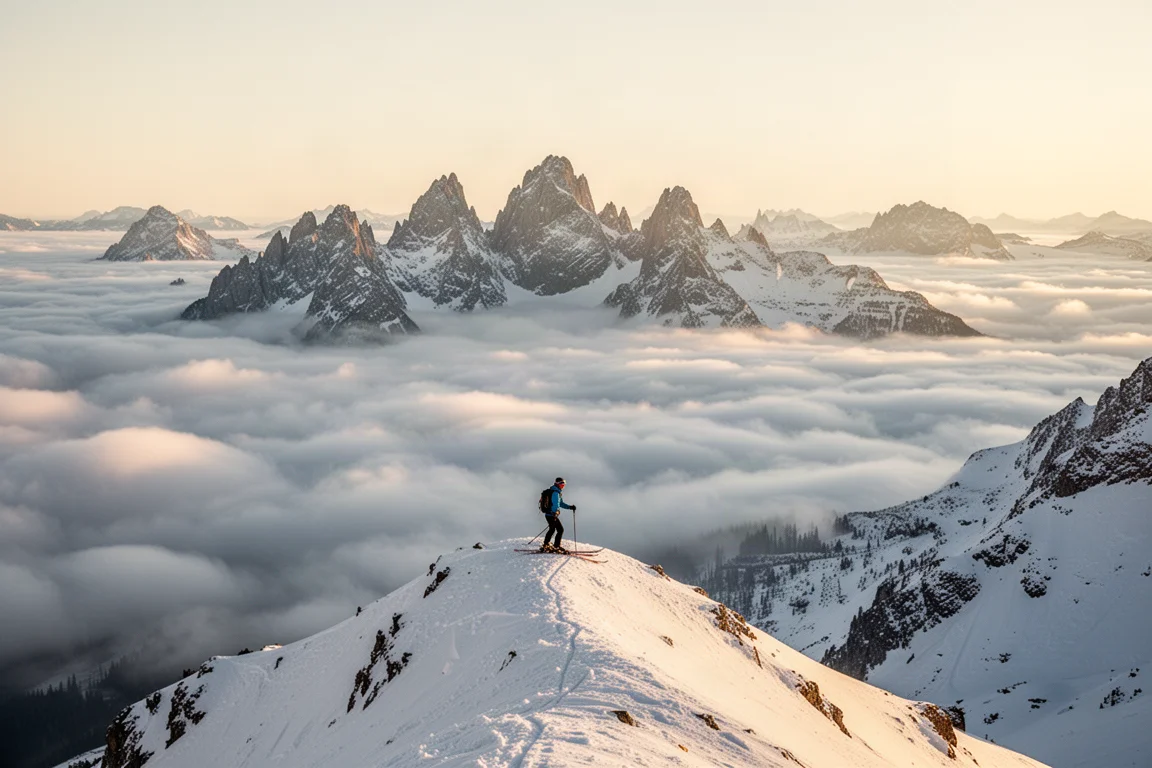 Skifahrer ueber den Wolken auf einem hohen alpinen Gratkamm in den Rockies