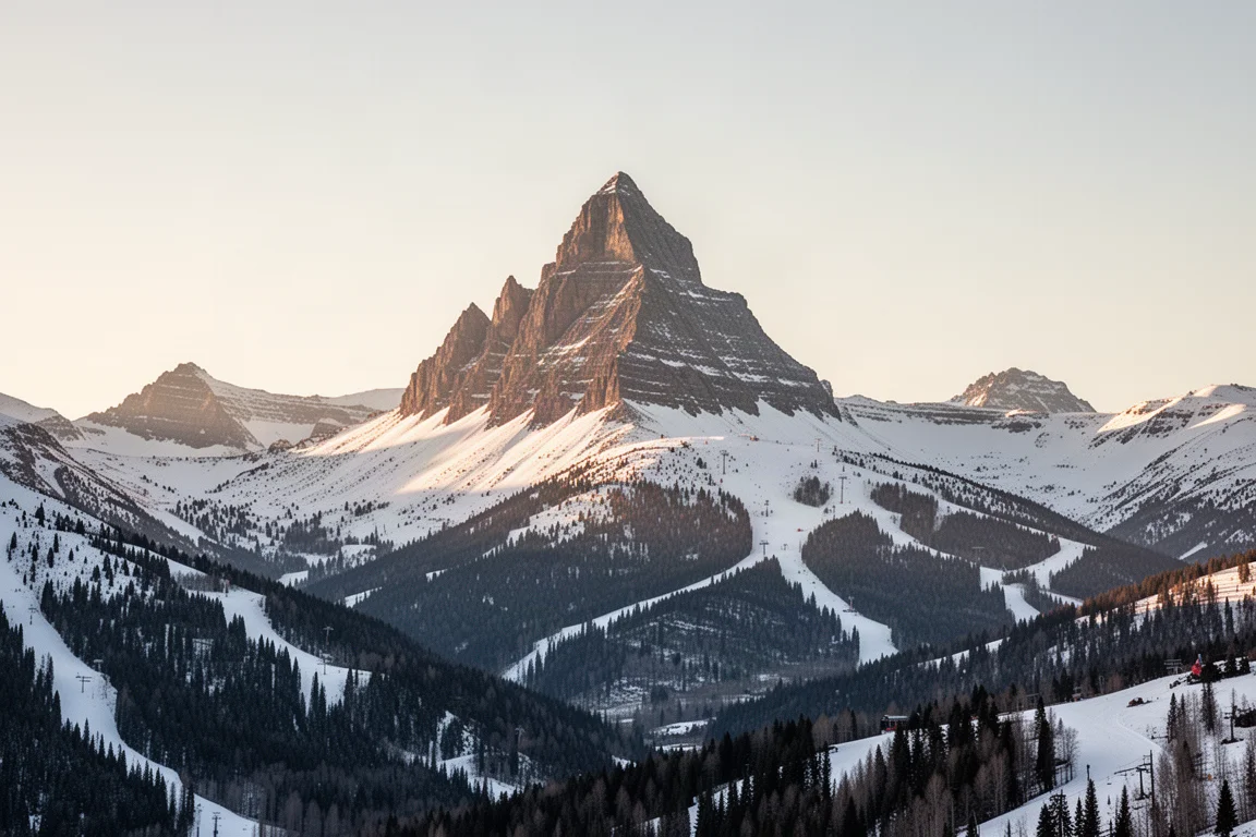 Die markante Form des Lone Peak, der ueber verschneite Grate in Montana aufragt