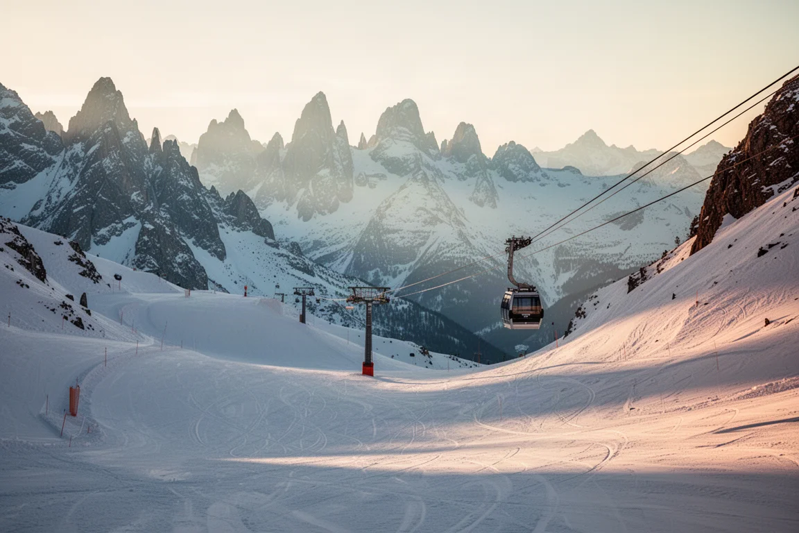 Verschneite alpine Skihaenge, die sich in der goldenen Abendstunde zwischen hoch aufragenden gletschergeformten Gipfeln winden