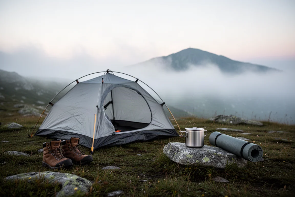 Campamento de mochilero ligero al amanecer con una tienda pequeña sobre hierba alpina