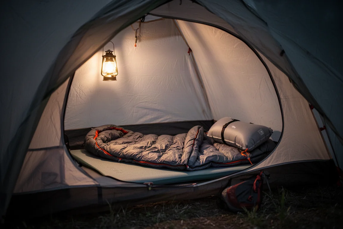 Interior de tienda de noche con esterilla, saco de dormir y una pequeña almohada de camping