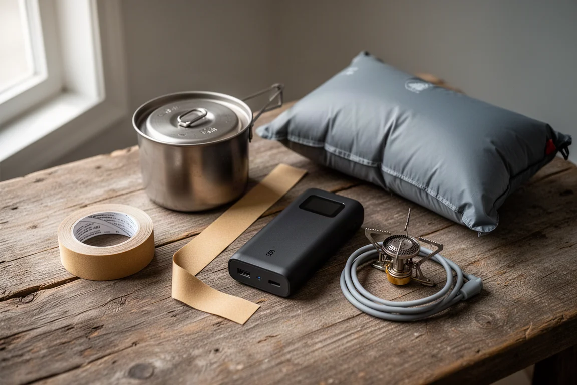 Backpacking gear flat-lay with titanium pot, tape, power bank, camp pillow and stove
