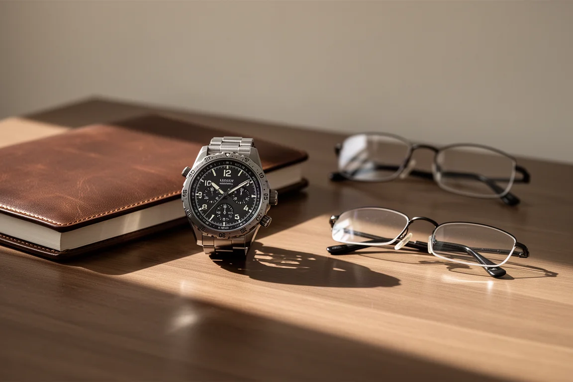 Montre analogique à cadran sombre posée sur un bureau en bois à côté d'un carnet