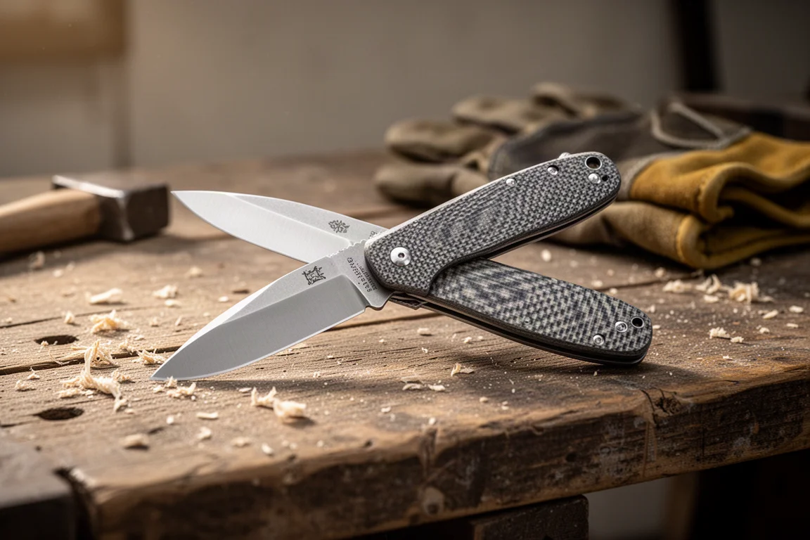 Couteau pliant à manche en Micarta ouvert sur un établi patiné