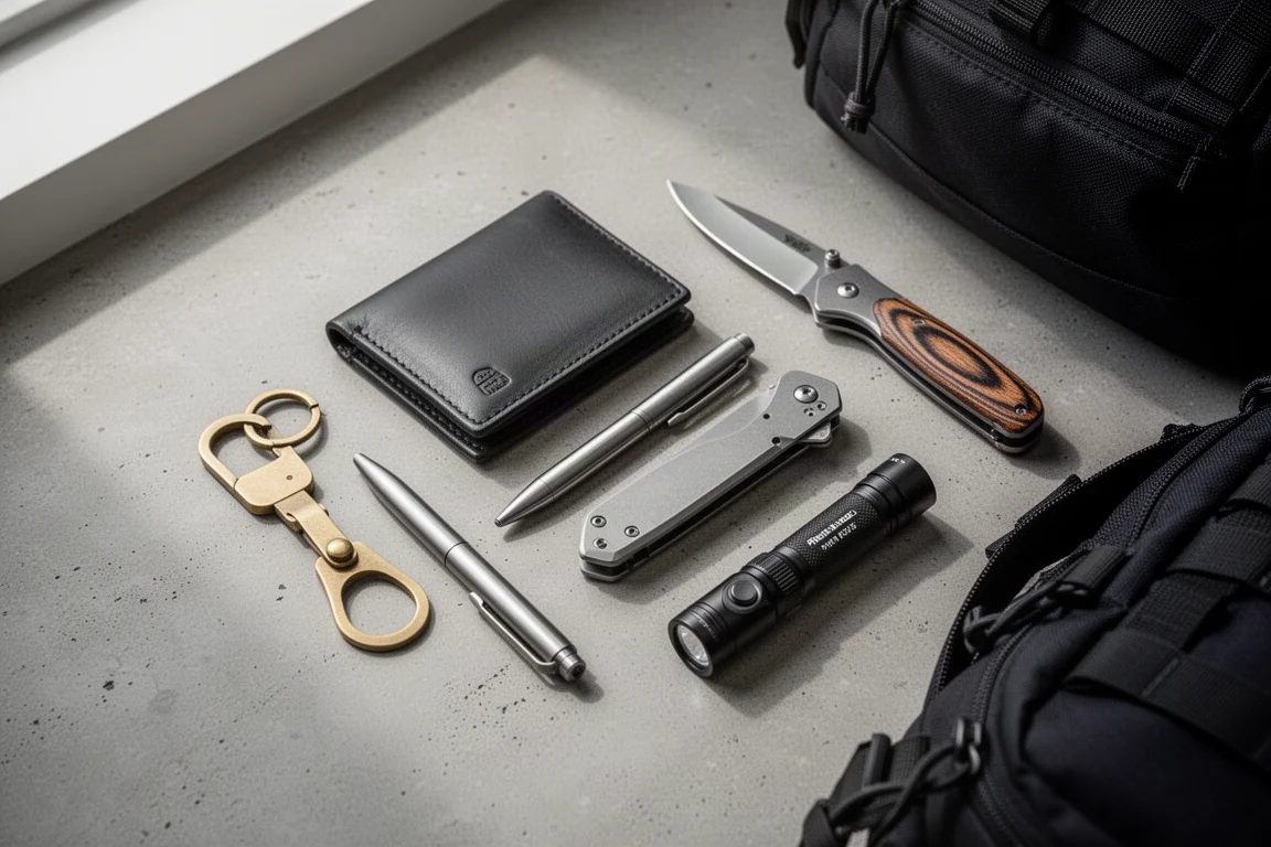 Flat-lay of everyday carry gear including a wallet, pens, knife, flashlight, and backpack on concrete