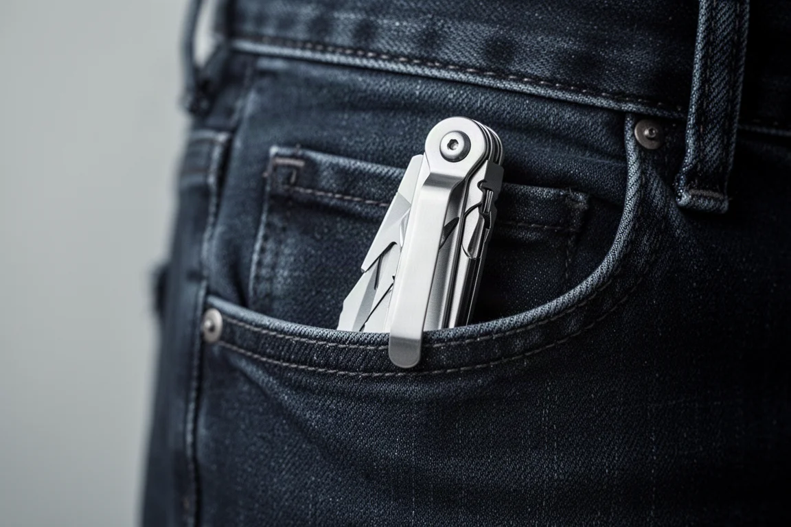 A slim multi-tool with a pocket clip riding in the pocket of dark denim jeans