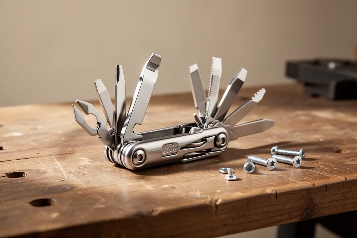 A compact multi-tool opened on a wooden workbench with small tools beside it