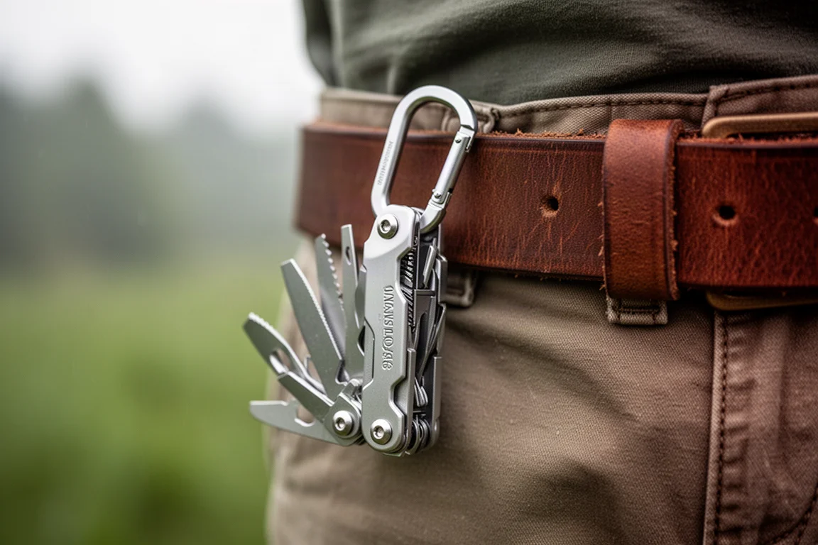 A multi-tool clipped to a belt with a small carabiner outdoors