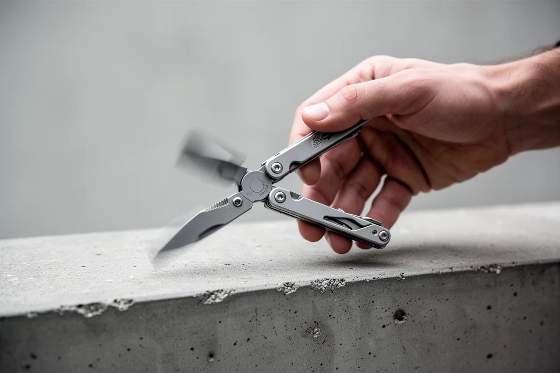 Hands opening a multi-tool plier head one-handed on a concrete ledge