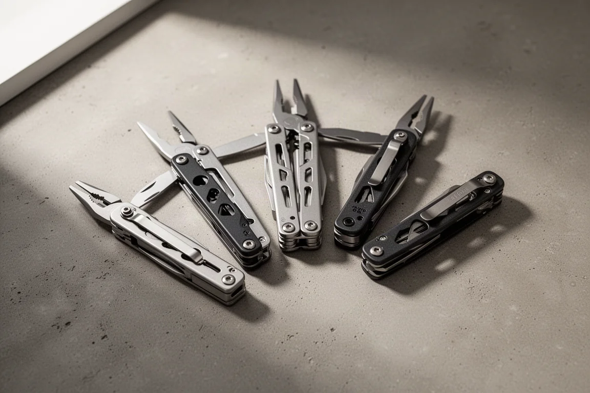 Sechs Klappmultitools auf einer matten Betonoberfläche angeordnet