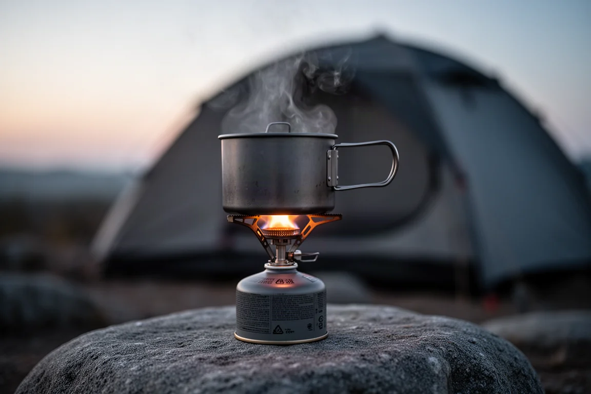 Närbild på ett gasolkök som kokar en kastrull vatten vid en campingplats i skymningen