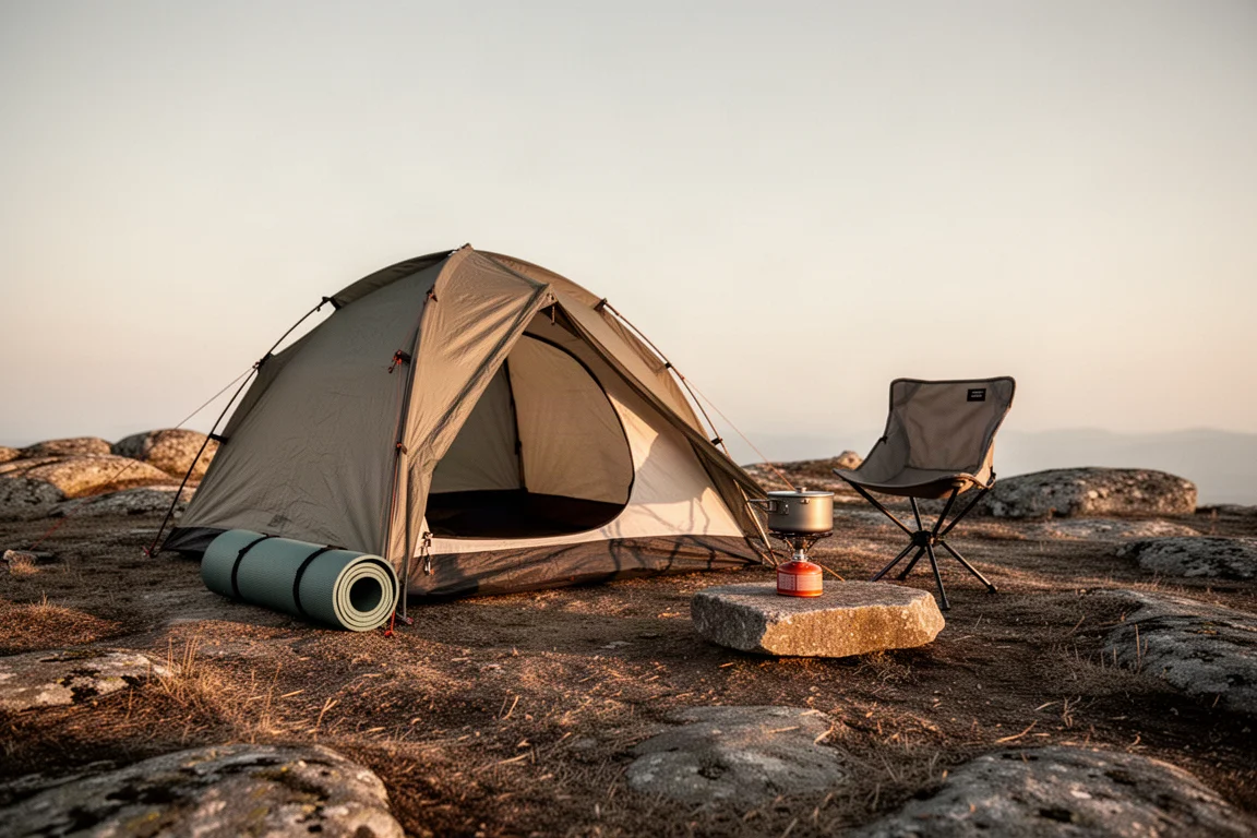 Campamento de mochilero en la hora dorada con tienda, colchoneta y silla plegable en una meseta rocosa