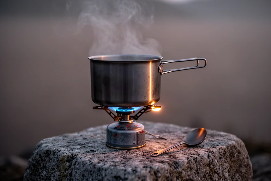 Vapor que sale de una olla de acero inoxidable sobre un hornillo de cartucho al atardecer en granito