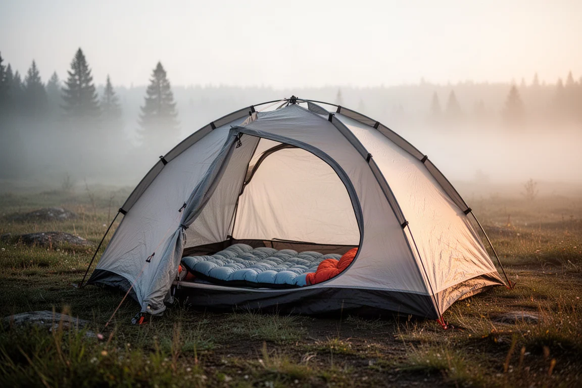 Campamento al amanecer con una tienda ligera y una colchoneta visible en el interior