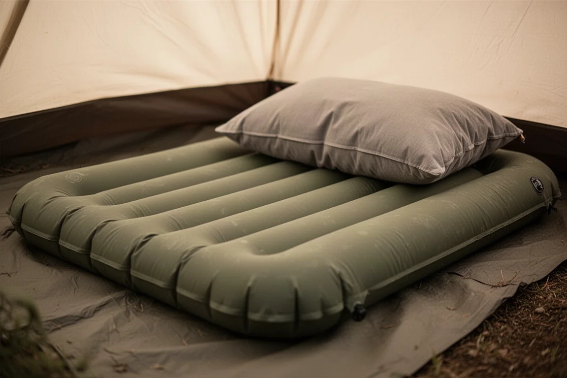 Primer plano de una colchoneta ancha y gruesa con una almohada de campamento encima
