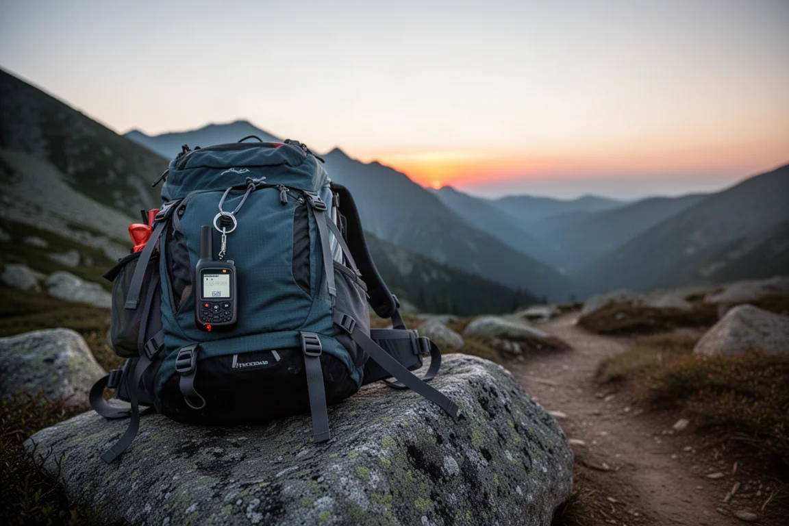 Sendero de montaña remoto al atardecer con una mochila y un mensajero satelital