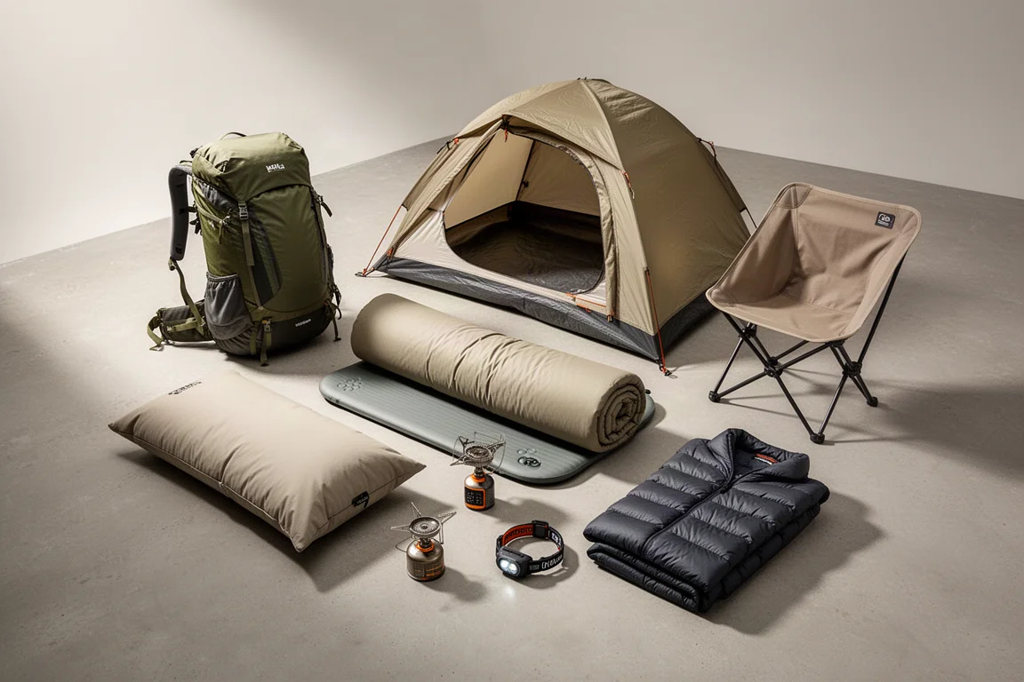 Flat-lay of backpacking gear including backpack, tent, pad, stove, and chair on concrete