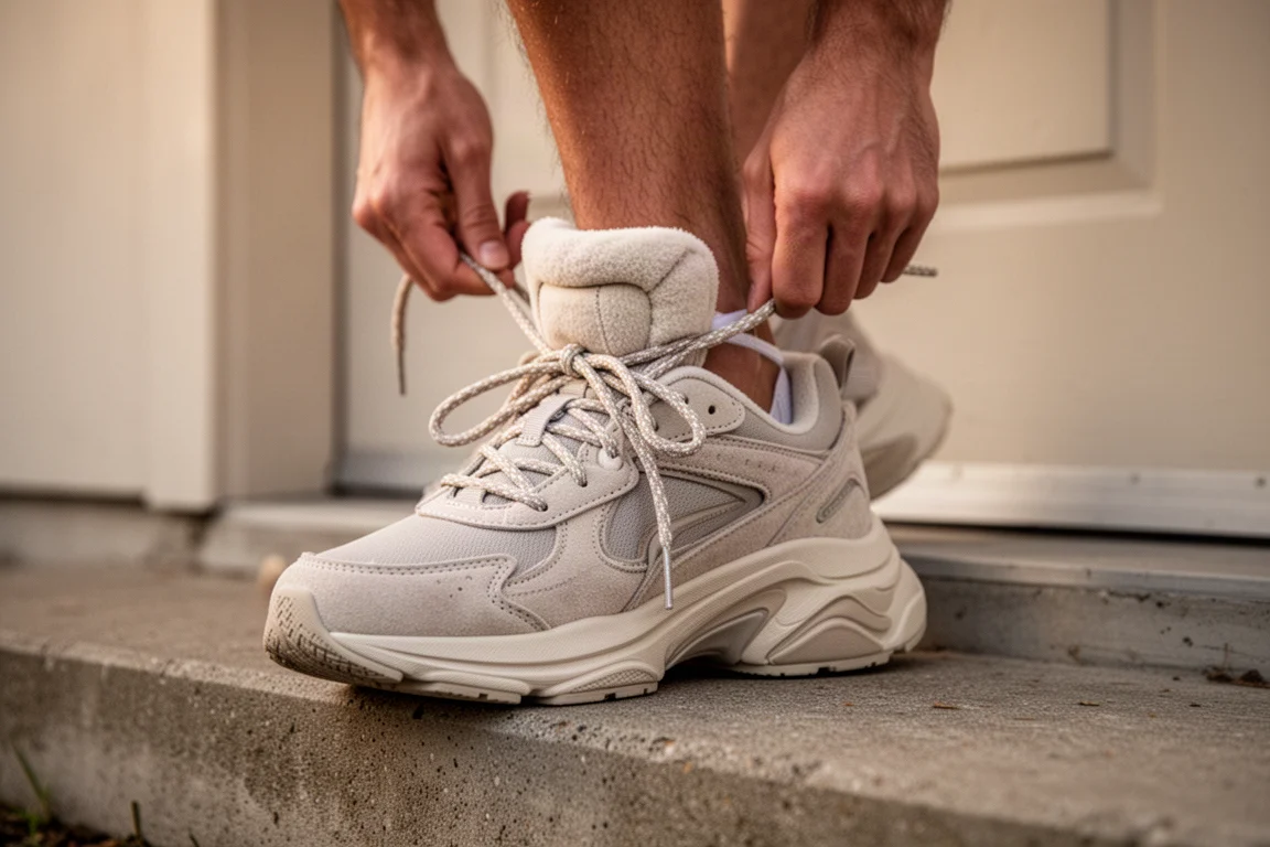 Läufer schnürt auf einer Haustürschwelle im sanften Morgenlicht einen Laufschuh mit dicker Sohle