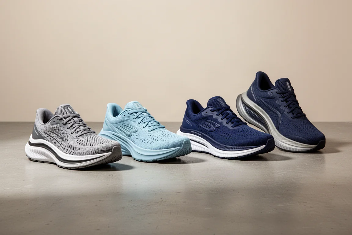 Five max cushion running shoes with tall midsoles arranged on a concrete surface