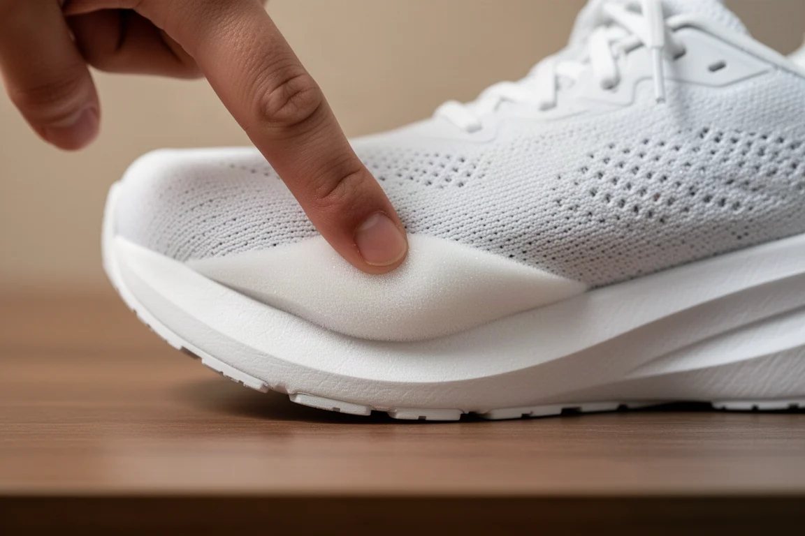 Close-up van een dikke tweekleurige tussenzool met gelaagde foams
