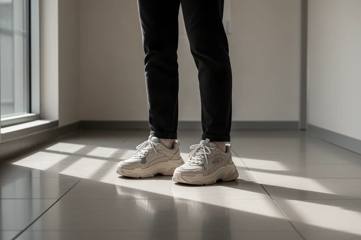 Persoon wandelt stevig door een winkelgebied op gedempte trainers